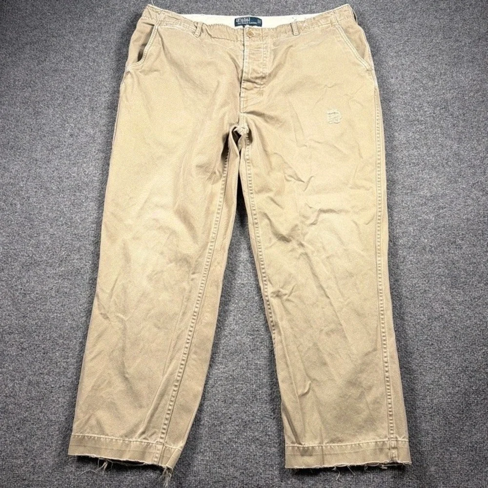 Polo Ralph Lauren Chino Pants Distressed Mens 39x29 Tan Raw Hem Button Fly